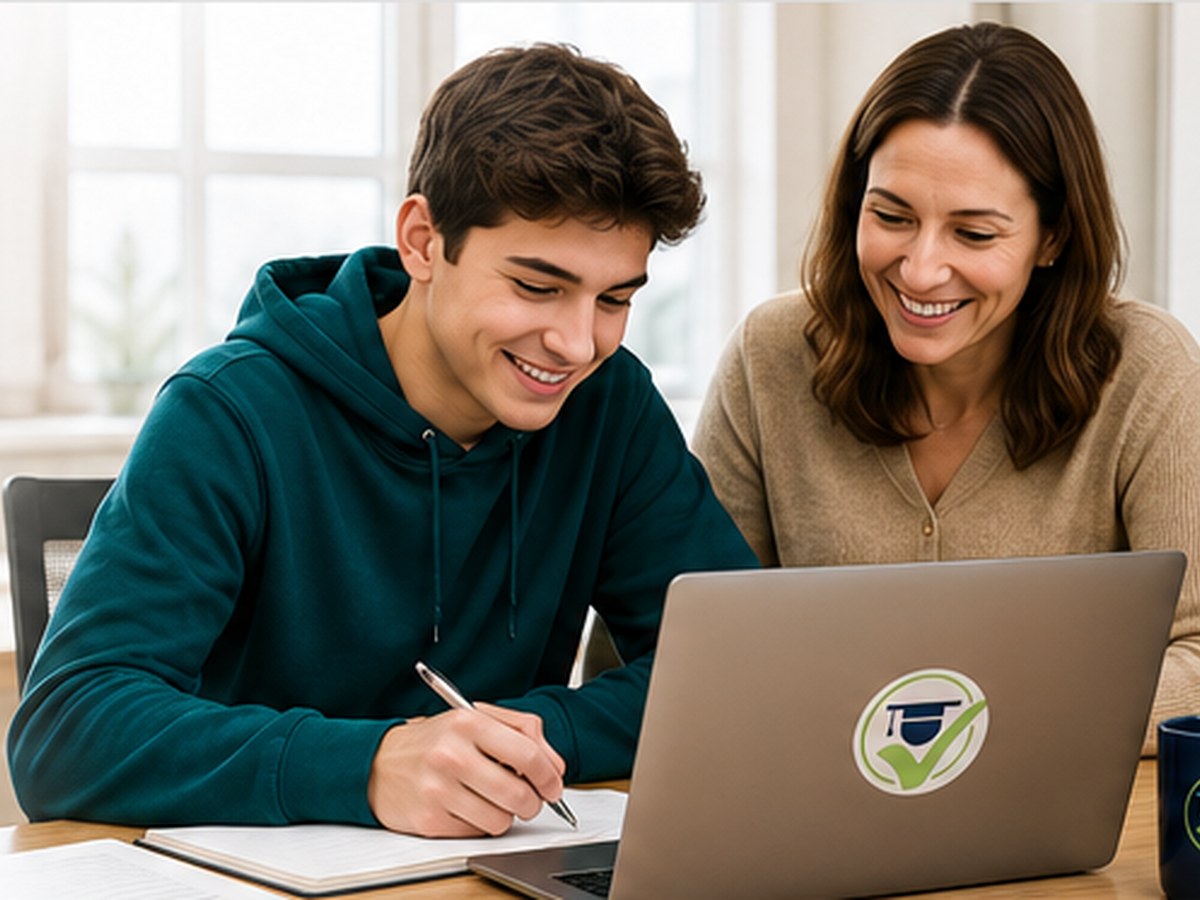 A parent and high-school senior calmly reviewing a college application plan together