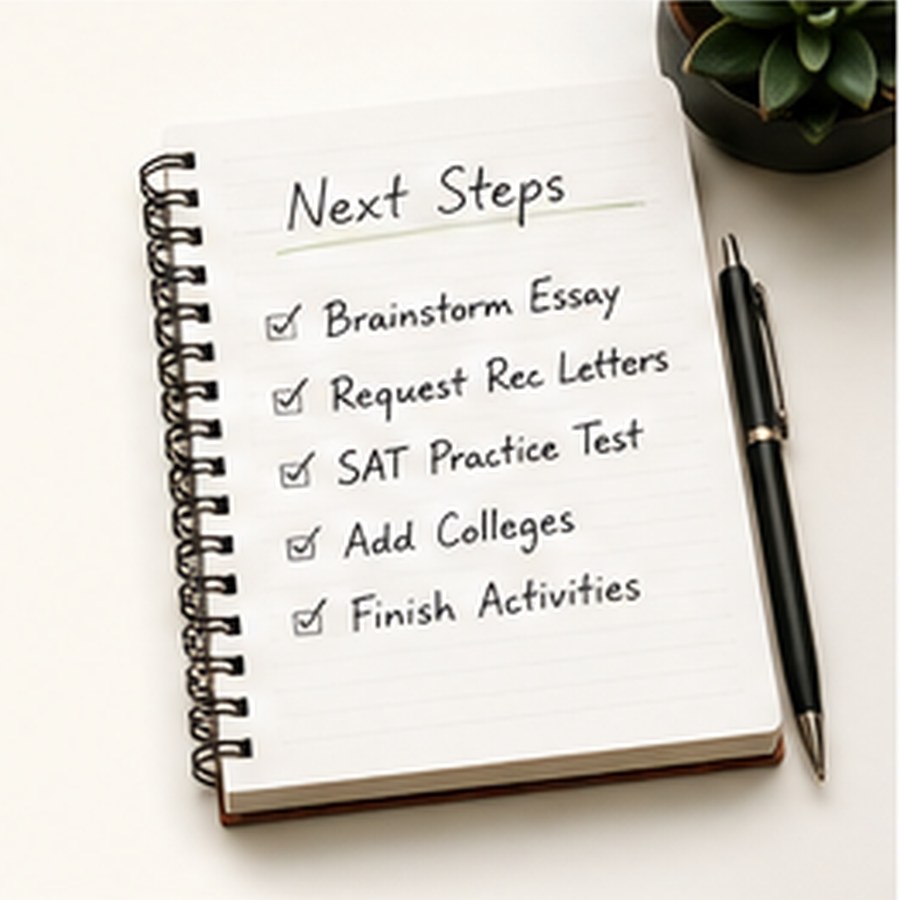 A student action-plan notebook listing clear college application next steps