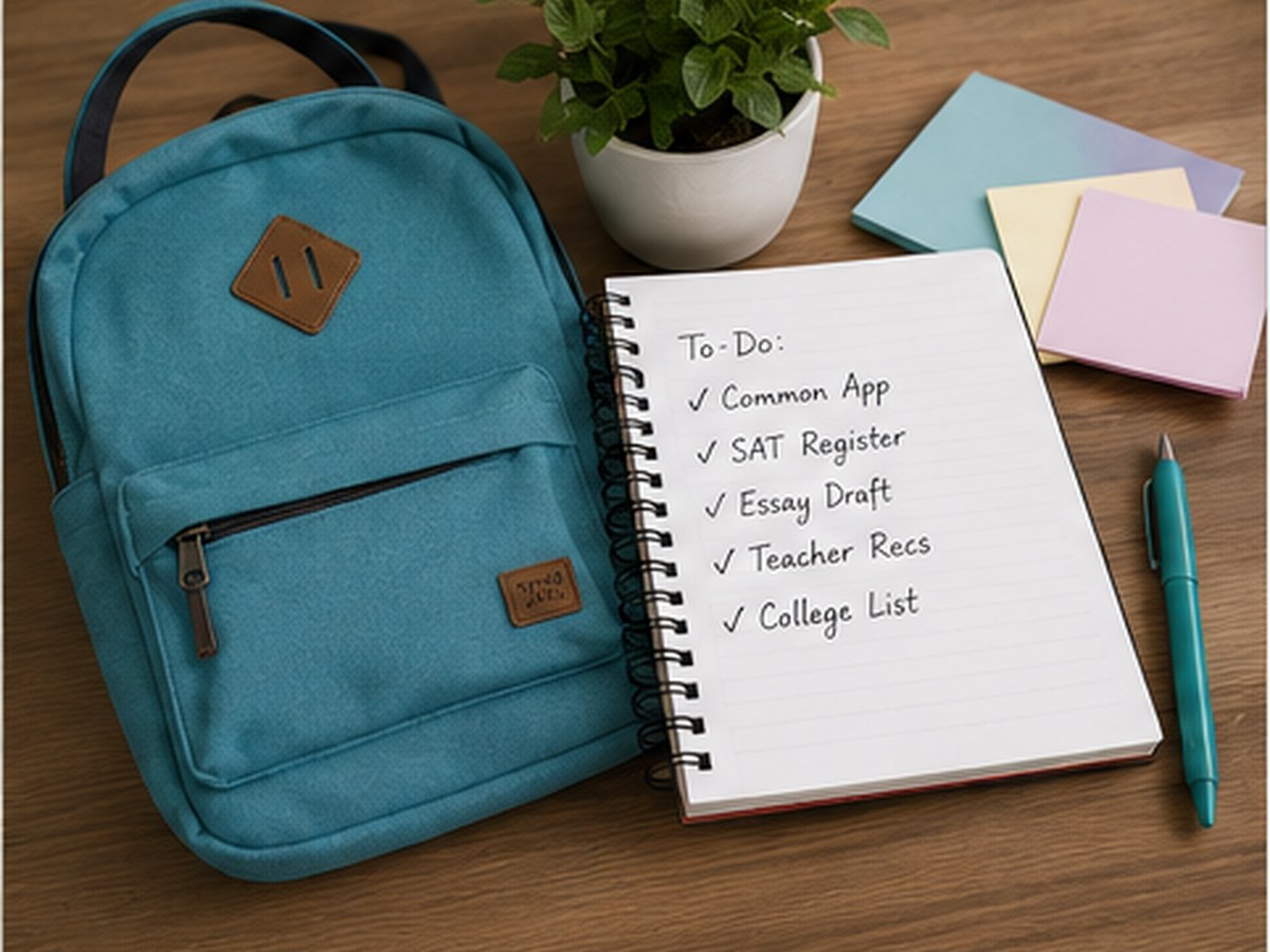 A backpack, notebook and organized college application task list on a student desk